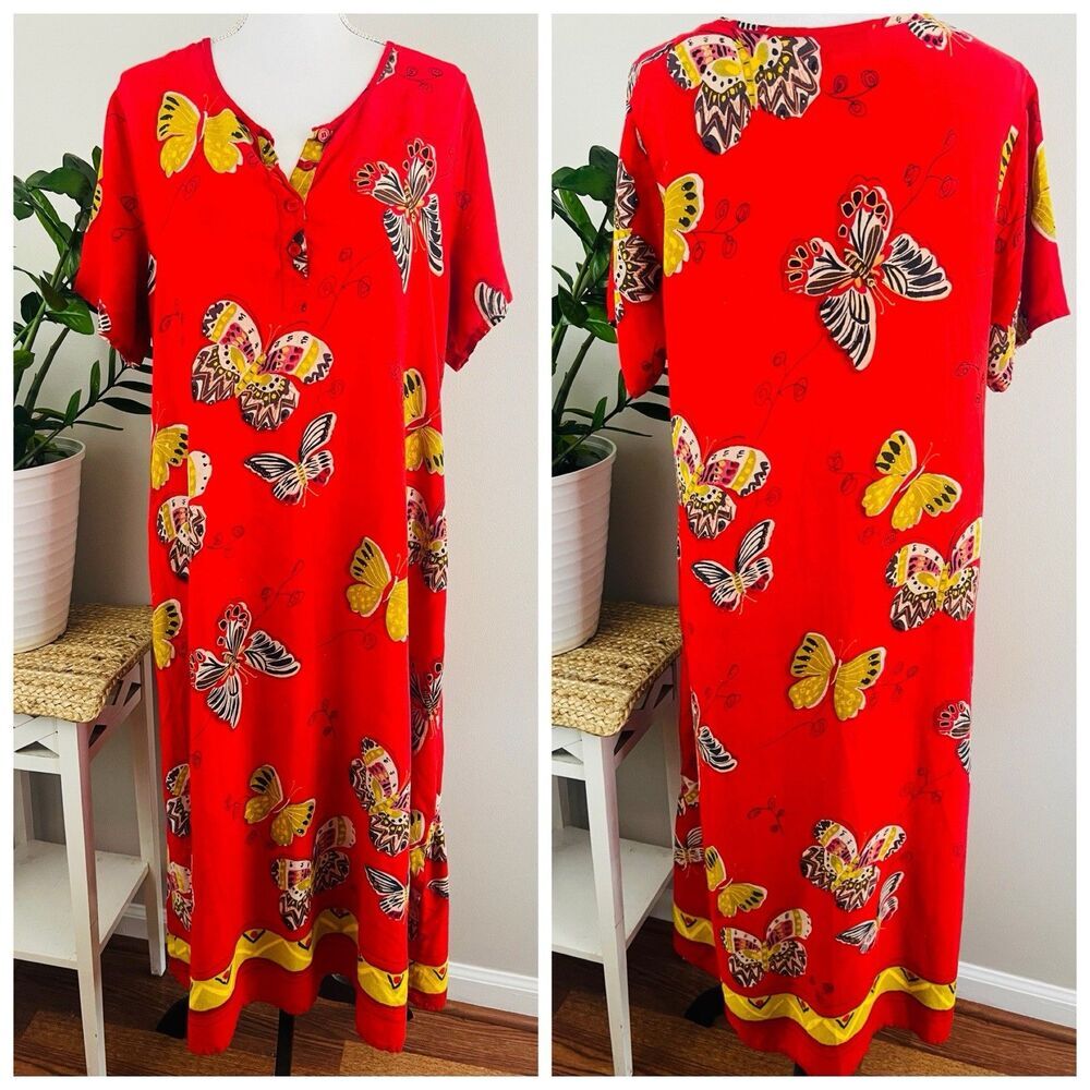 Vintage Desert Jems Red Butterfly Long Flowy Rayon Maxi Dress Beach Island Large